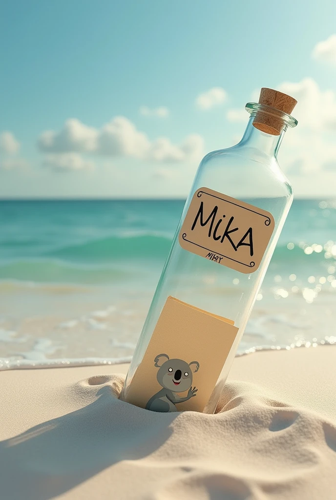 Message in a bottle on the beach with a sign with the name Mika and the Koala theme