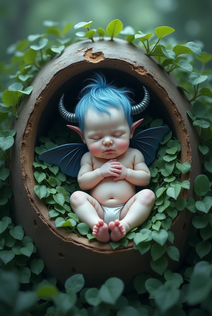 detailed art. masterpiece. Newborn baby with very short blue hair. The baby has two small black horns on its head.. The baby has white skin. Baby has fairy ears. The baby has a pair of tiny, raven-like wings that seem to be just forming on its back.. The baby is asleep. The baby is lying inside a hollow log, surrounded by leaves. The environment where the baby is must be magical