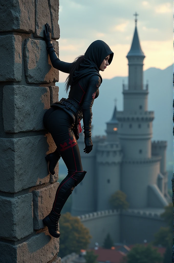 Elza in ninja outfit climbing the Castle