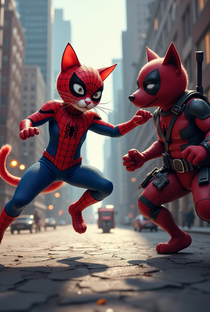 I want you to create an image of a cat in a spiderman suit fighting with dogpool