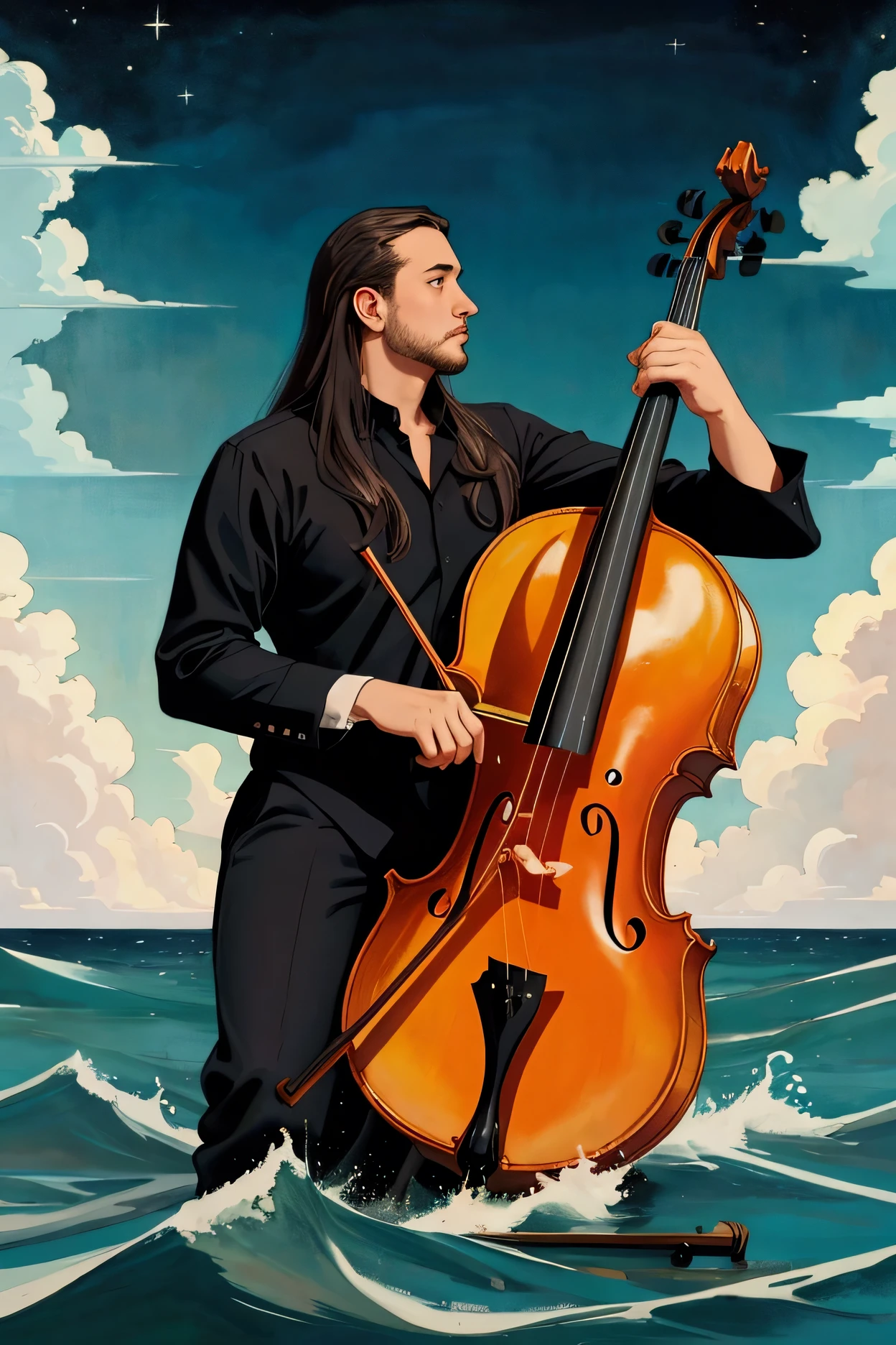 painting of a man sitting on a cello in the middle of the ocean, on the ocean, music album art, double bass, new album cover, amazing composition, cello, inspired by Arnold Böcklin, inspired by Winslow Homer, music album cover, bassist, the god of music, album art, jim warren and rob gonsalves