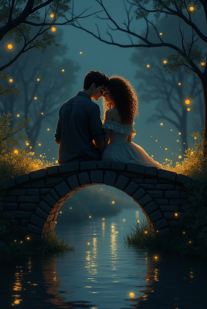 A curly haired woman leaning on a tall man's shoulder as they sit at night on a small bridge over a river watching fireflies