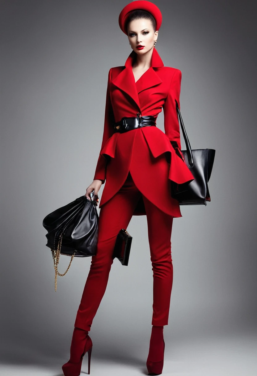 beautiful sexy woman, beautiful avant-garde style, full length , Beautiful red clothes , Accessories ,Bag,