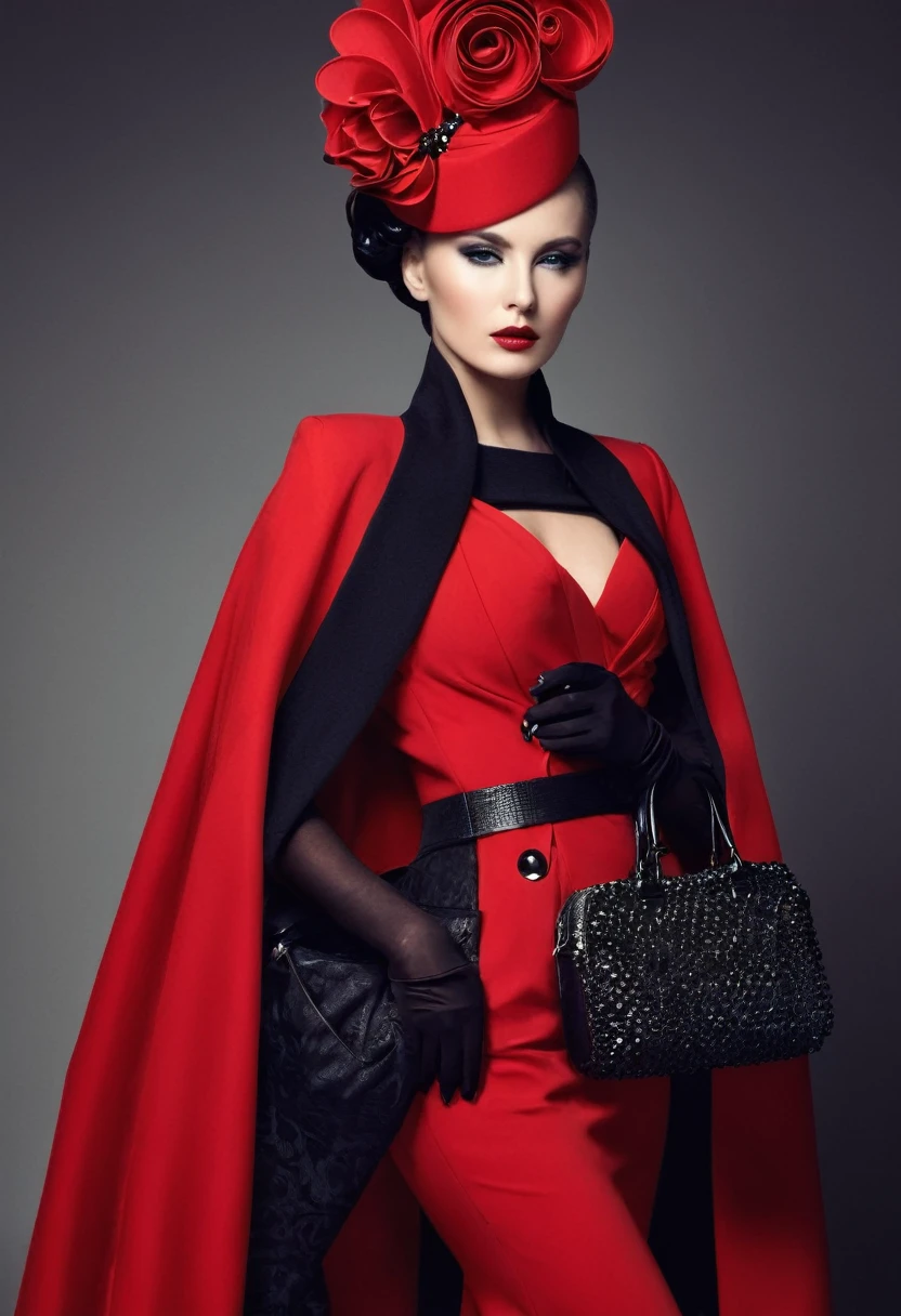 beautiful sexy woman, beautiful avant-garde style, full length , Beautiful red clothes , Accessories ,Bag,