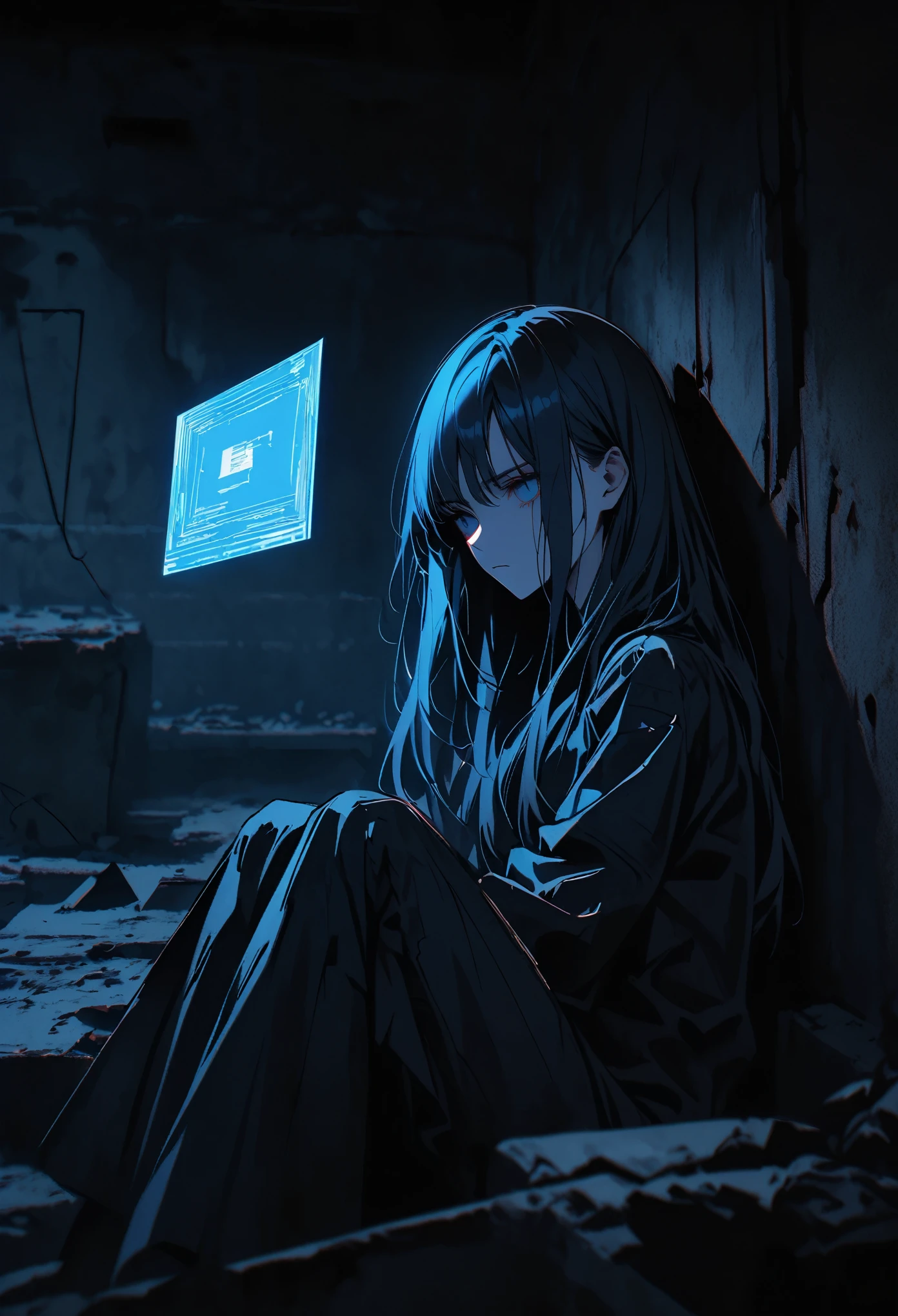 solo, holographic woman, floating hologram, hologram of a woman being projected floating, serious, dark blue static, bored, knee to face, long hair, lonely, dark ambiance, basement, concrete room, abandoned, close up