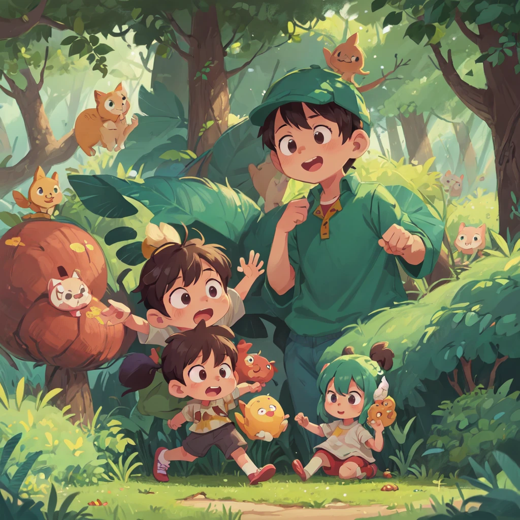  cartoon characters of animals children playing in the forest