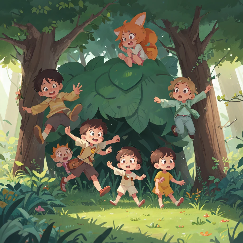 cartoon characters of animals children playing in the forest