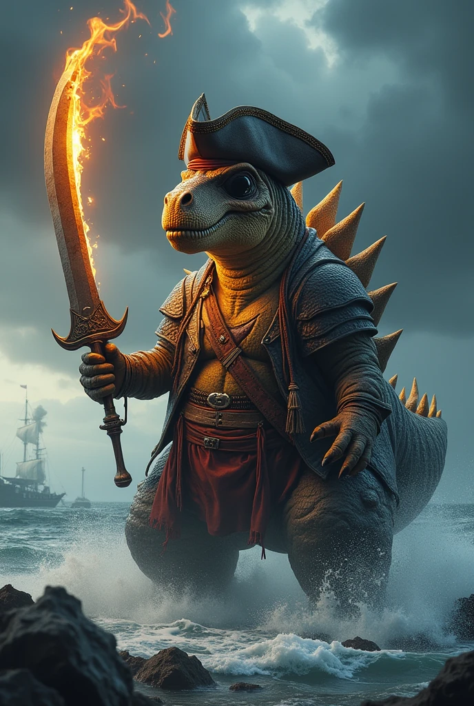 A stegosaurus dressed as a pirate with an eyepatch and wielding a flaming scimitar