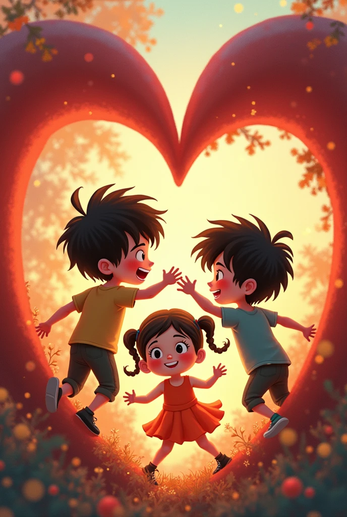 2 dark-haired boys and 1  with 2 braids playing inside a heart