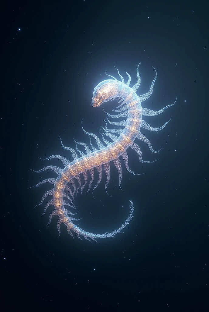 Besta celestial, centipede appearance, transparent body, in space, the size of stars, in the void of space, several stars around
