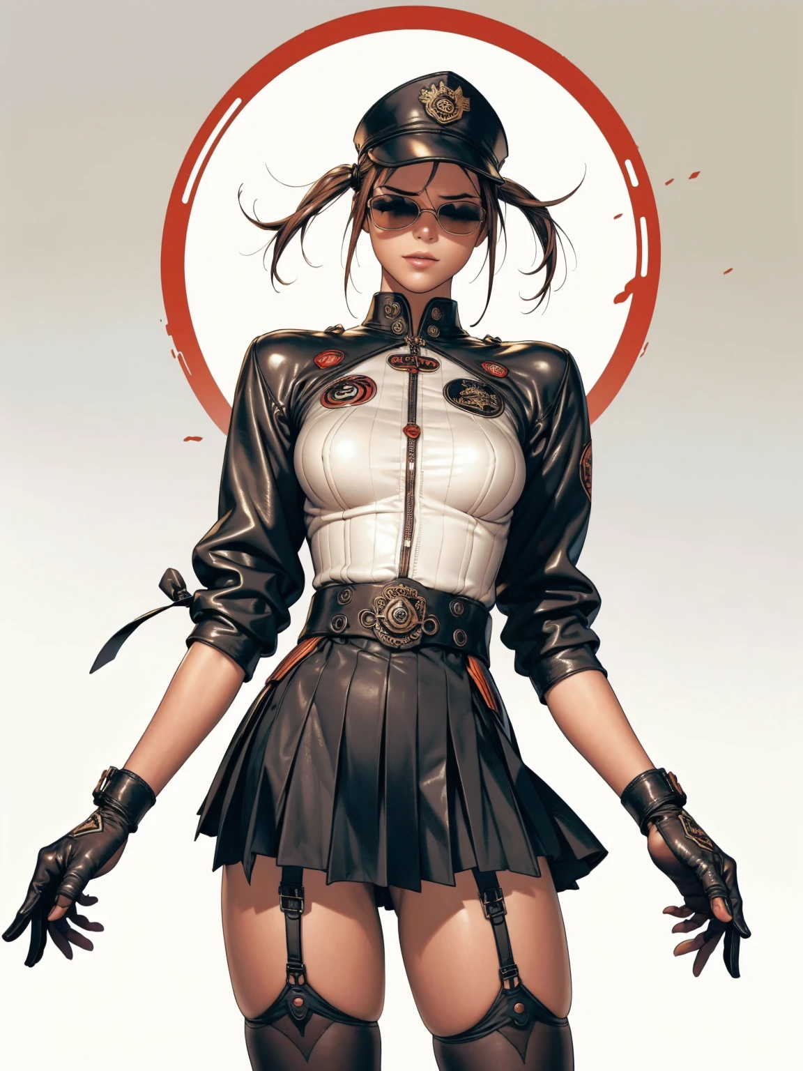 Uma Kizi jovem com cabelo bagunçado ruivo, (((police suit))), (((sexly police))), (((police cosplay))), (((wide garter belt and stockings 3/4))), (((wearing futuristic sunglasses))), (((Police cap))), (((wearing pleated leather mini skirt))), crop top with belly showing and a leather jacket, (((best qualityer))), (((manga strokes))), dramatic camera angles, design mixing contemporary and retro by Shepard Fairey, (((cowboy shot))), (((best qualityer: 1.4))), (Unbeatable masterpiece), (hiper HD),(CG 8k hyper-realistic), Kizi, (((standing alone))), pirralha violent, ((())), sexly, pose de atitude, work of art, post-apocalypse, (((manga style))), bounty hunter, violent, Manic, the way you want, sarcastic smile, slenderbody, thin but strong, perfectbody, roupa moderna, advanced technology, neon, sleeves with vertical striped pattern, neutral background, (( cowboy shot )). intricate visual