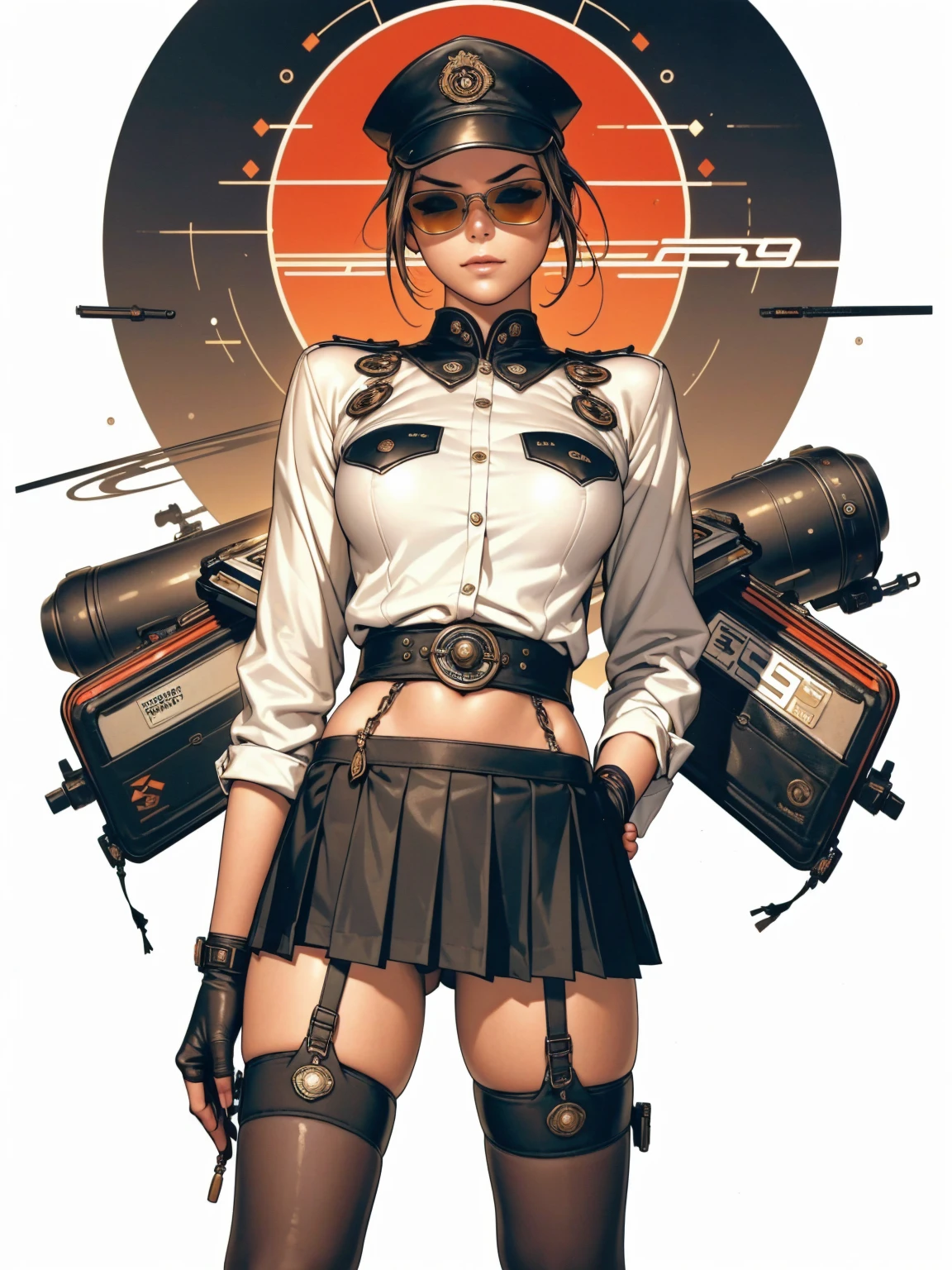 Uma Kizi jovem com cabelo bagunçado ruivo, (((police suit))), (((sexly police))), (((police cosplay))), (((wide garter belt and stockings 3/4))), (((wearing futuristic sunglasses))), (((Police cap))), (((wearing pleated leather mini skirt))), crop top with belly showing and a leather jacket, (((best qualityer))), (((manga strokes))), dramatic camera angles, design mixing contemporary and retro by Shepard Fairey, (((cowboy shot))), (((best qualityer: 1.4))), (Unbeatable masterpiece), (hiper HD),(CG 8k hyper-realistic), Kizi, (((standing alone))), pirralha violent, ((())), sexly, pose de atitude, work of art, post-apocalypse, (((manga style))), bounty hunter, violent, Manic, the way you want, sarcastic smile, slenderbody, thin but strong, perfectbody, roupa moderna, advanced technology, neon, sleeves with vertical striped pattern, neutral background, (( cowboy shot )). intricate visual
