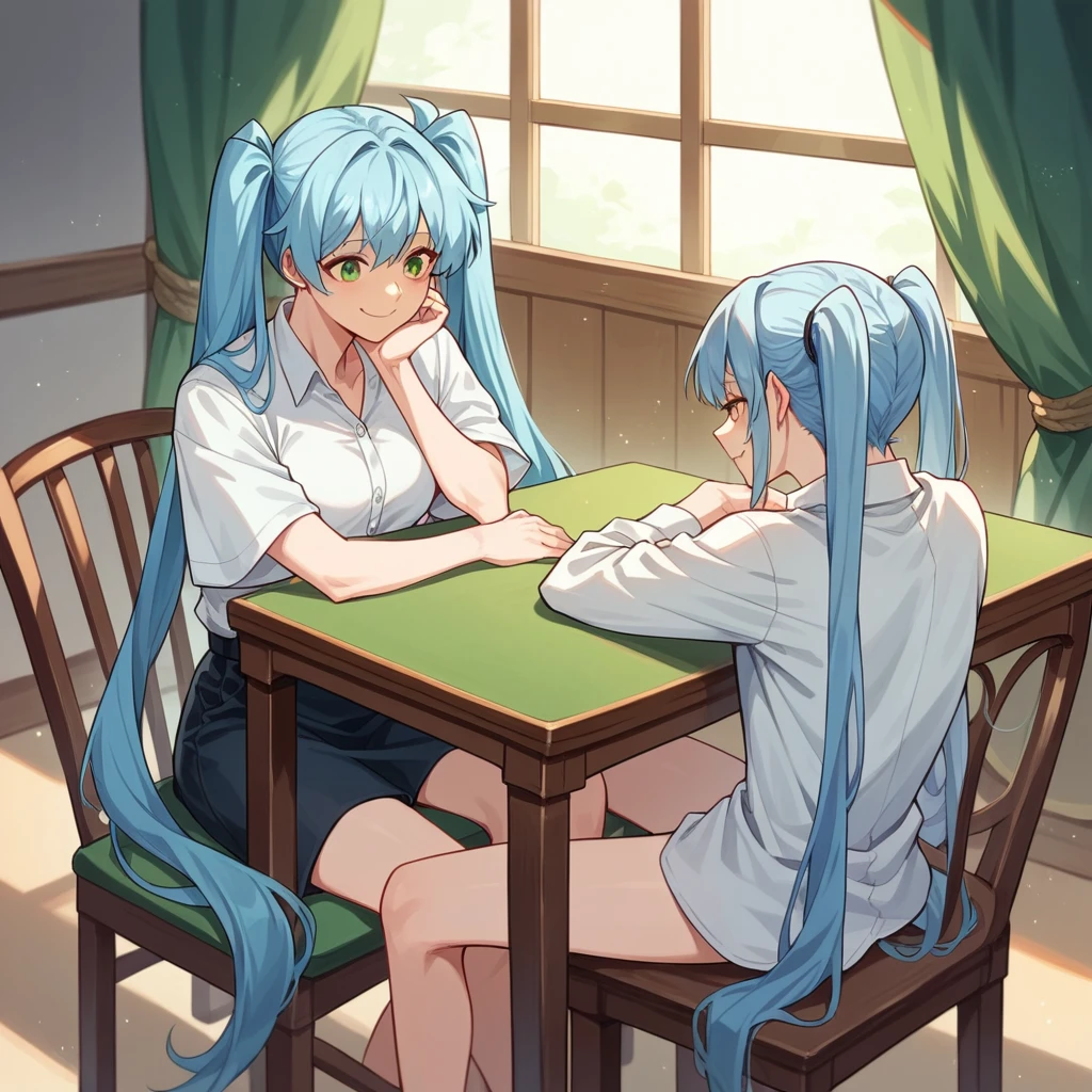 Girl enjoying mahjong, smiling, long light blue hair, twin tails、White shirt, mahjong, Green table, Chair, Sitting,