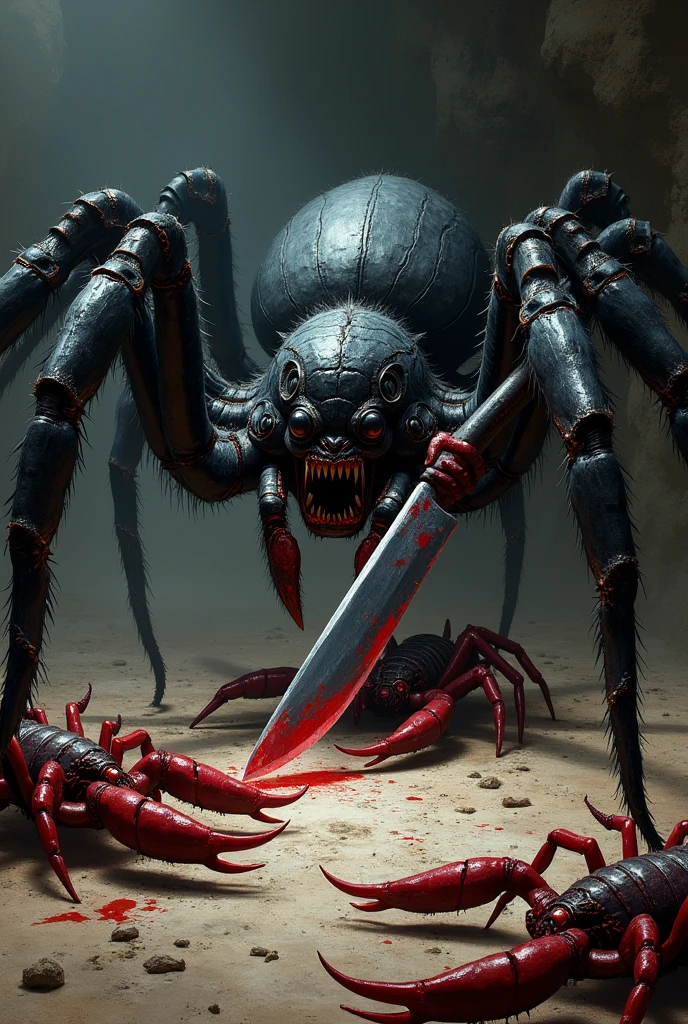 Create a spider holding a knife and several bleeding and dead scorpions around it