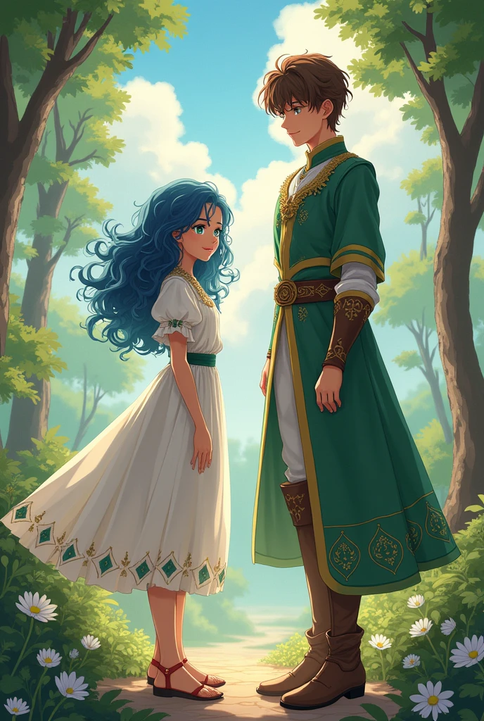 age commoner girl from a tan skinned kingdom average height curly blue hair emerald green eyes with a fair skinned prince tall brown hair and silver eyes in anime style mhwa