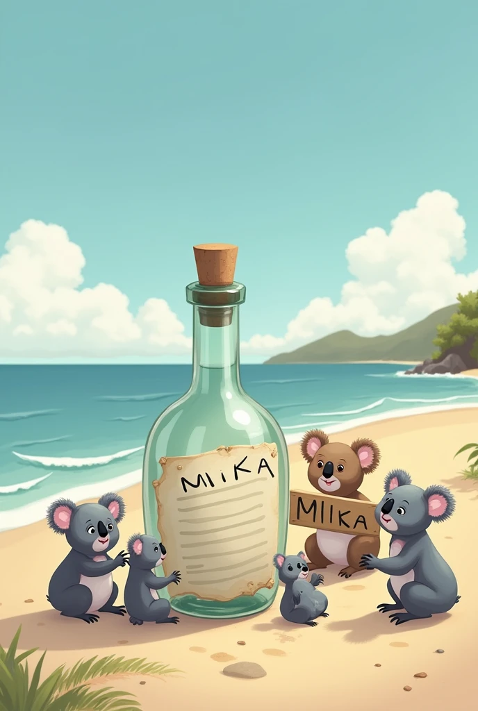 Message in a bottle on the beach with a sign with the name Mika with many koala bears