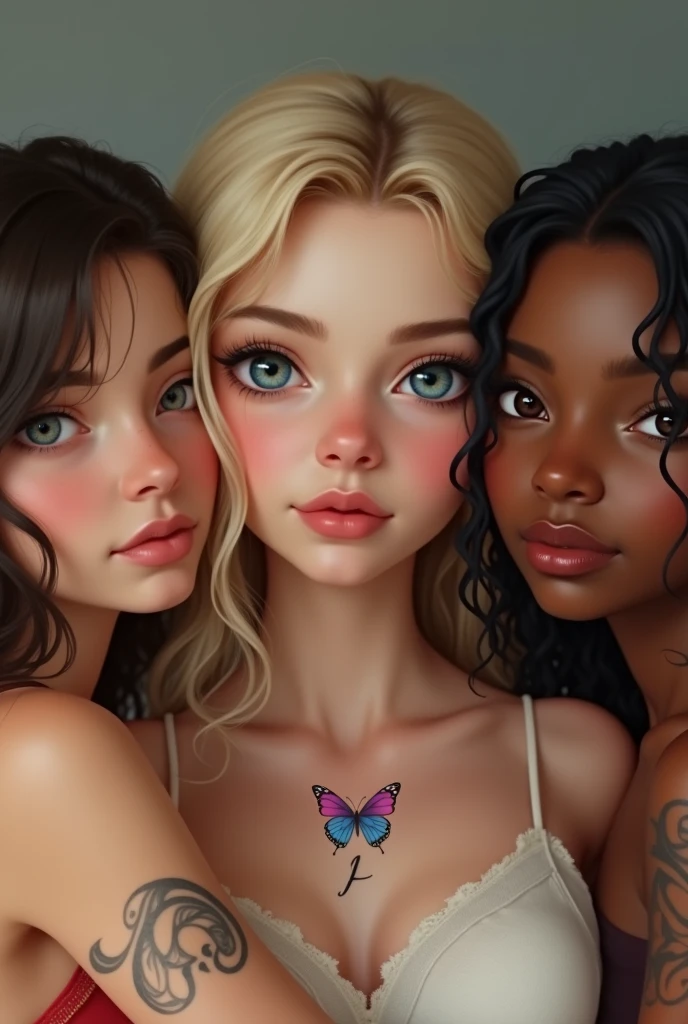 Generates a realistic image of a very cute blue-eyed blonde girl with a tattoo of the letter A and a butterfly and two cute black and brown haired girls with tattoos of the letter I as sisters