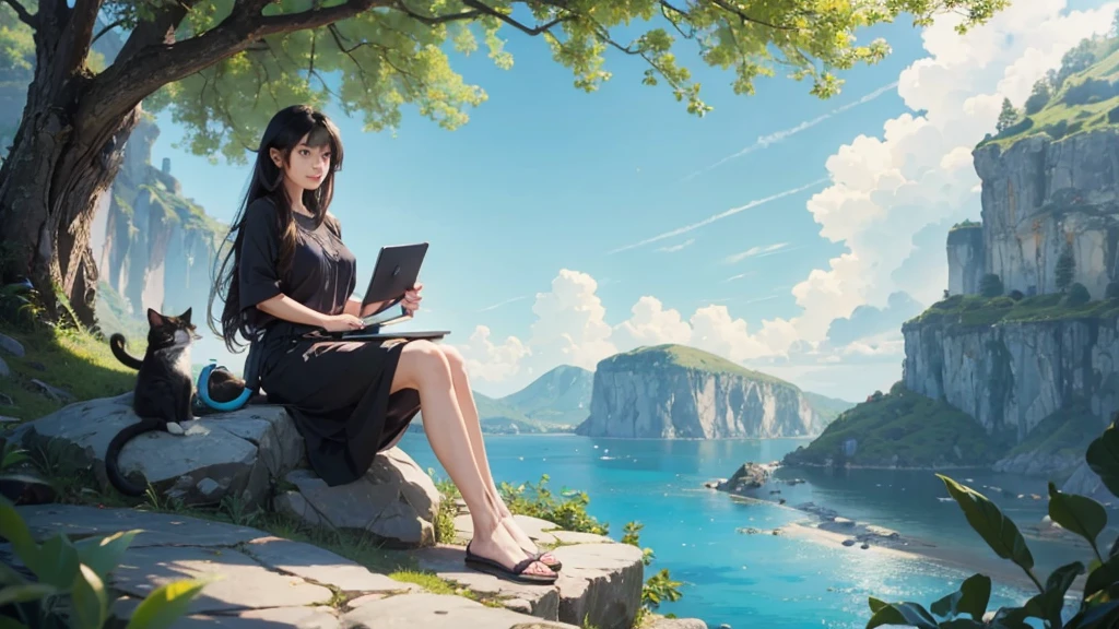 very beautiful girl sitting on a very big rock, 4k, beautiful, carrying a laptop, looking at the sky, daytime, close up, colorful, wearing casual clothes, black hair, accompanied by a cute cat, outdoors​
