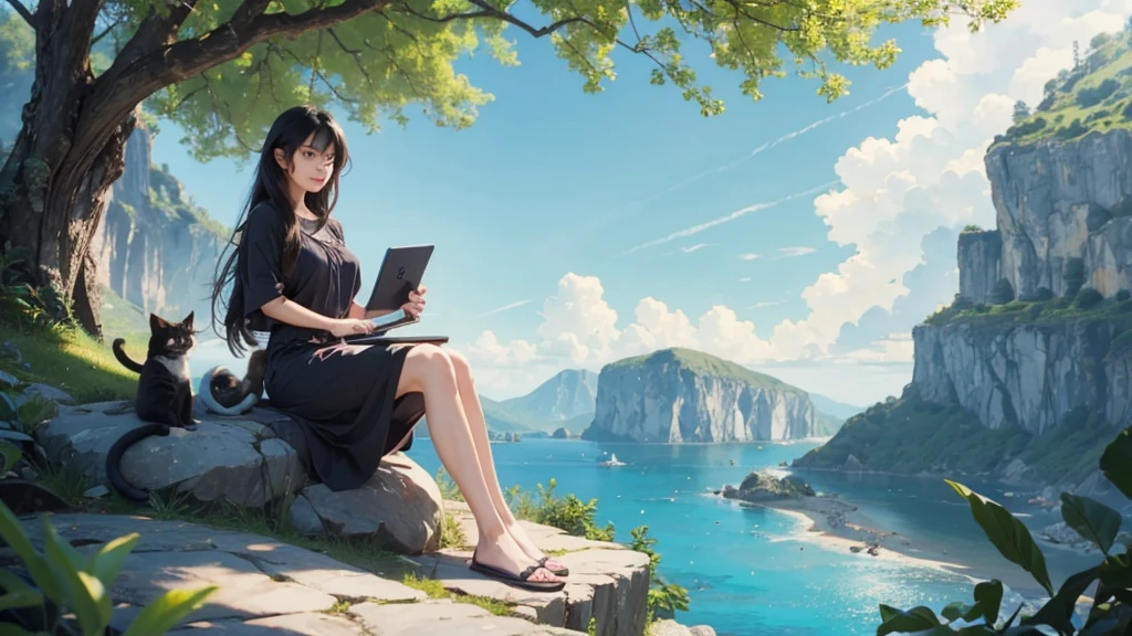 very beautiful girl sitting on a very big rock, 4k, beautiful, carrying a laptop, looking at the sky, daytime, close up, colorful, wearing casual clothes, black hair, accompanied by a cute cat, outdoors​