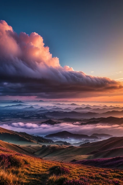 beautiful detailed sky, cinematic dramatic clouds, sunset, vibrant colors, dramatic lighting, fantasy landscape, wide angle, cinematic composition, mist, fog, moody atmosphere, dreamy, ethereal, surreal, photorealistic, (best quality,4k,8k,highres,masterpiece:1.2),ultra-detailed,(realistic,photorealistic,photo-realistic:1.37)