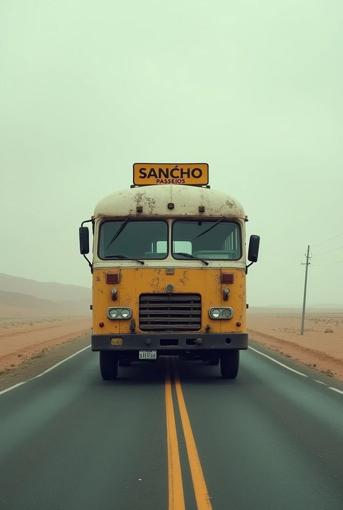 A bus in the middle of an empty road. On top of the vehicle, a sign saying Sancho Passeios