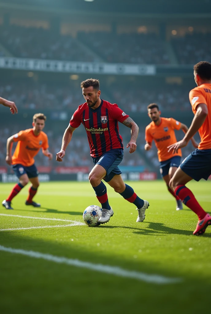 A male soccer player scoring a goal, in front of the opposing goalkeeper, with the opposing defenders confused by his side, photo in 8k
