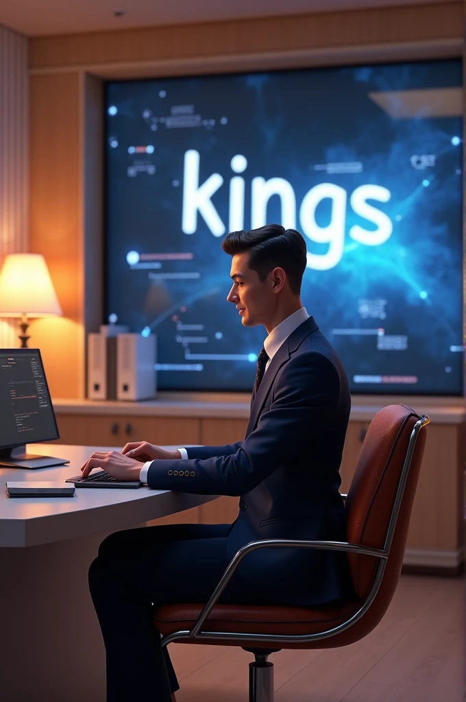 Create an image of a business executive in a very sophisticated office and a screen on the back wall that says "Kings". Create the image in Disney Pixar 3D style