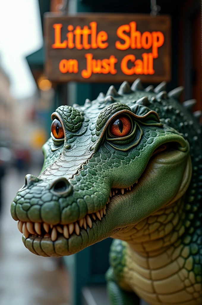 Create a picture of a crocodile for a written store " little shop on just call "