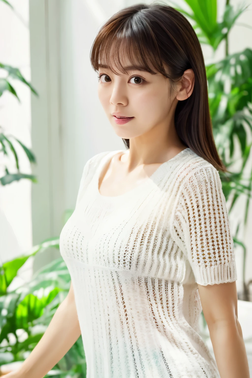 Masterpiece, Photogravure, High quality, Ultra-high resolution, 8K, Realistic, (Intricate details: 1.2), A skinny Japanese actress, 40 years old, cute face, detailed face, beautiful eyes, detailed eyes, small breasts, hourglass figure, (wearing a loose knit camisole: 1.4), obscene pose, (tilted head: 1.2), looking into the camera. a photo captured at a refreshing room filled with sunlight, white floor, white walls, house hold items, (plants: 0.8), in summer. Top view photo, full-body photo