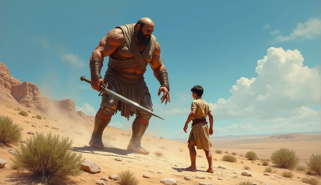 in the arid desert of Palestine, David's fight against the giant Goliath of the Bible
