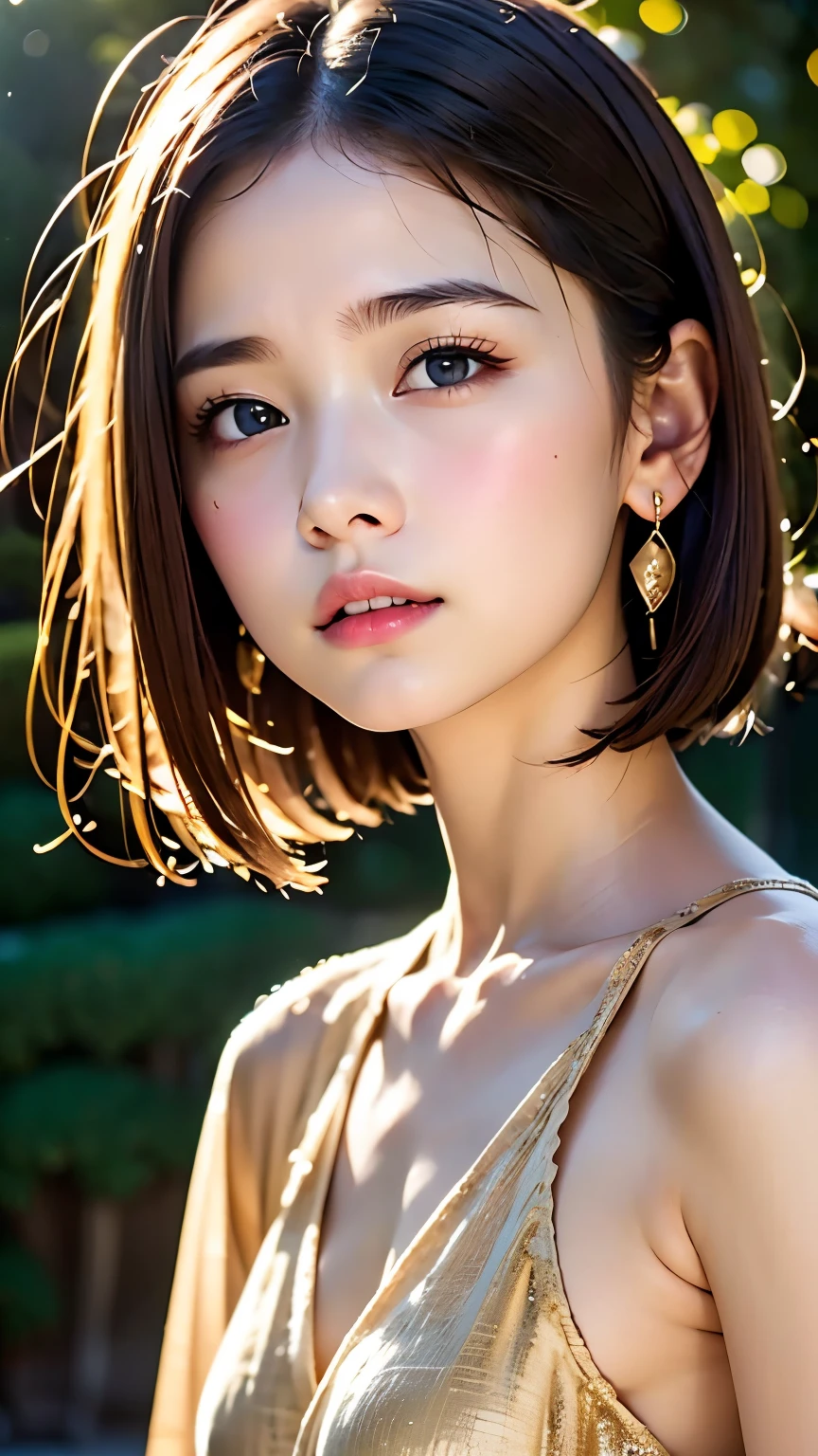 cute, (Brown Hair), ((Short Bob)), Perfect Face, An innocent smile, Upper Body,(blue eyes), (Yan), (small), (thin), ((small胸)), ((Only 16)), Skin dentition, Very detailed, Attractive oval face, Red lips, pink, Glowing Skin, Thin Hair, Face Focus, Chest close-up, Gorgeous hair ornament, Gold earrings, ((1 person)), Embarrassed expression,