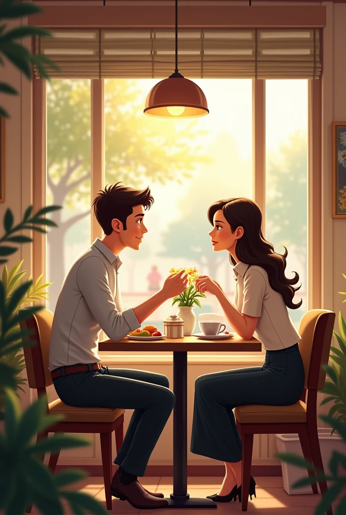 A man and a woman sitting at a restaurant table in the morning
