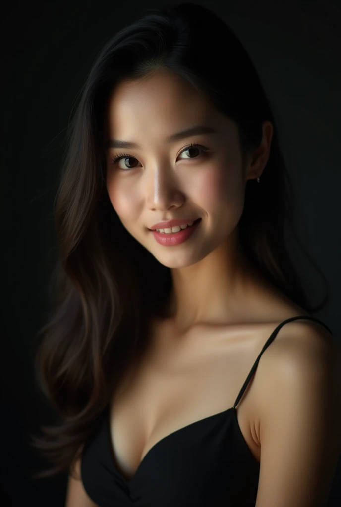 photo brute, femme visage jolie asiatique ;une belle femme de 20 ans ,visage caractere, porter une robe noire, mine coquine, ombres dures, porter de vue de face, Éclairage lumineux