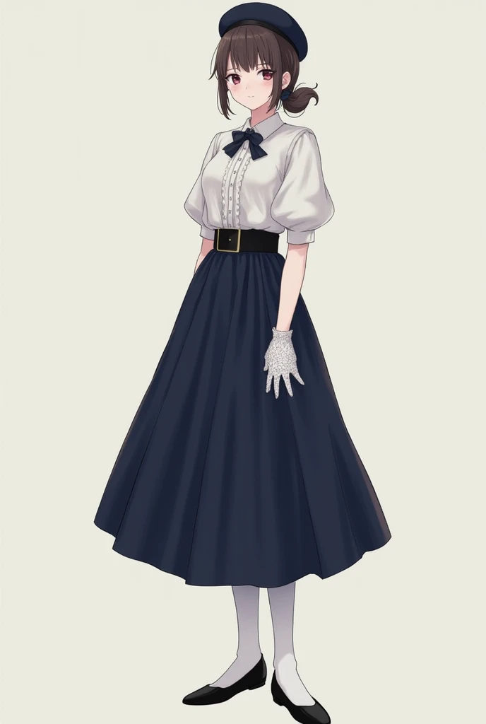dressed in a long vintage midi skirt, navy blue high waist, white blouse with bow on the collar, long sleeves with balloon cuffs, with a navy blue beret on her head and her hair tied in a ponytail and black ballet flats with a strap on her foot, white tights and white lace gloves on the hands