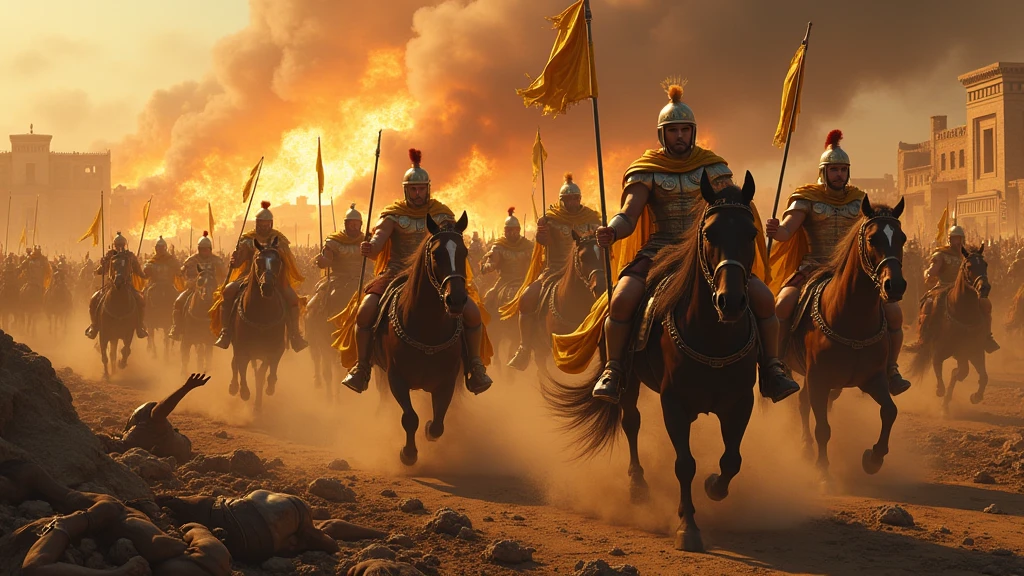 (photographie ultra-réaliste) Armée de thrace dans la grèce antique portant des armures reflétant la lumière, des capes dorée, munie de leurs lances d'argents et leurs bouclier dorés, ils chargent vers les ennemies à pied ou à cheval, sur un champ de bataille apocalyptique dévasté, jonché de cadavres. En arrière plan on aperçoit la ville de Troies en feu. Il est écrit "Thrace" en lettre gothique.
