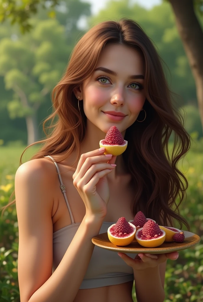 Realistic woman aged 25 to 35, in park, salmonete, chestnut hair, brown eye eating acai in the park, ultra HD, high qualiy, best qualityer, high resolution, 8k, 16K