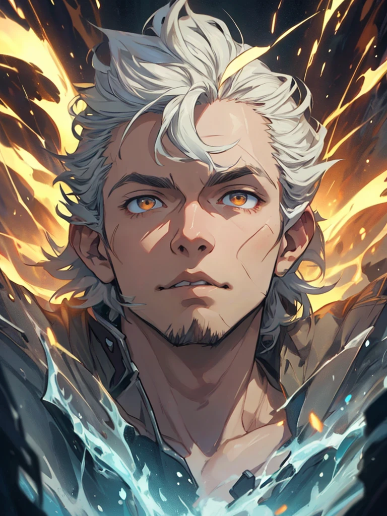 (masterpiece: 1.2), (very detailed: 1.2), (perfectly detailed), (very detailed and beautiful: 1.1) solo, 1 boy, male only, Michelangelo style, muscular male, naked, white hair, golden eyes, rich colors, straps on the body, dynamic pose, very short haircut, thick stubble, has thick stubble, body hair, action scene, detailed face, at full height, golden elements, the magic of holiness, Elements of the anime Evangelion