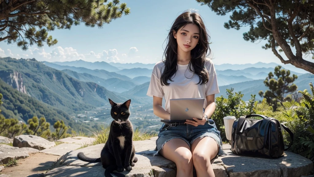 very beautiful girl sitting on a very big rock, 4k, beautiful, carrying a laptop, looking at the sky, daytime, close up, colorful, wearing casual clothes, black hair, accompanied by a cute cat, outdoors​