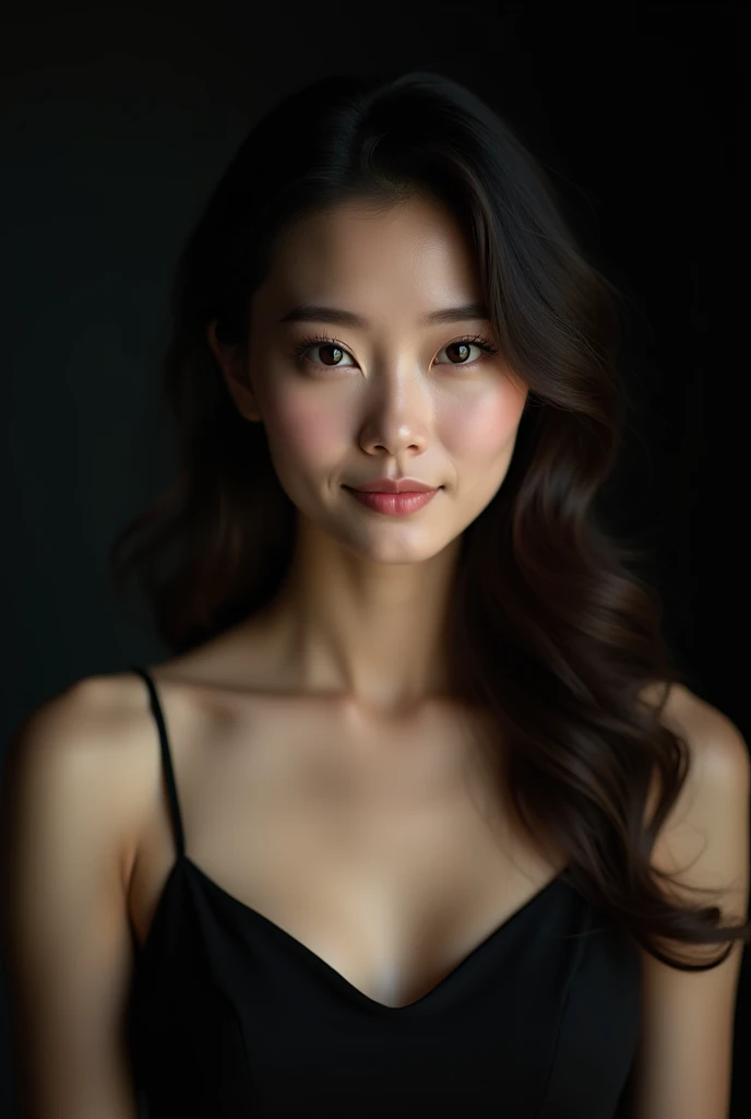 photo brute, femme visage jolie asiatique ;une belle femme de 20 ans ,visage caractere, porter une robe noire, mine coquine, ombres dures, porter de vue de face, Éclairage lumineux