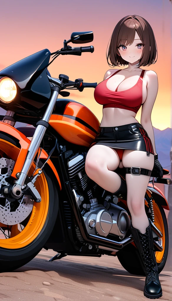 (One Woman),(Best image quality, 8k, masterpiece:1.3), Anatomically correct, ((Brown hair bob cut:1.1)),(Swept-apart bangs,), (Cute eyes, Dark Eyes), (Mole under right eye), (thin),(Glowing Skin:1.1),(Pale skin:1.2),(Fantasyな雰囲気),(look up),Ultra-high resolution, Textured skin, Sparkle Effect, Fantasy,Bright Eyes,Slender,Large Breasts,
Black Riders Jacket,Black Mini Skirt,Black leather gloves,Black Leather Boots,Black tights,Leg belt,Leg Ring,
Red sports bra,Red panties,Cleavage,Panty shot,
Harleyダビッドソン, Desert Landscape, Rocky Mountain,Rough road,evening,Sunset, Biker gang, A defiant smile, Lean back, sit,Big motorcycle,Harley,Spread your legs,M-shaped legs,Crotch close-up,