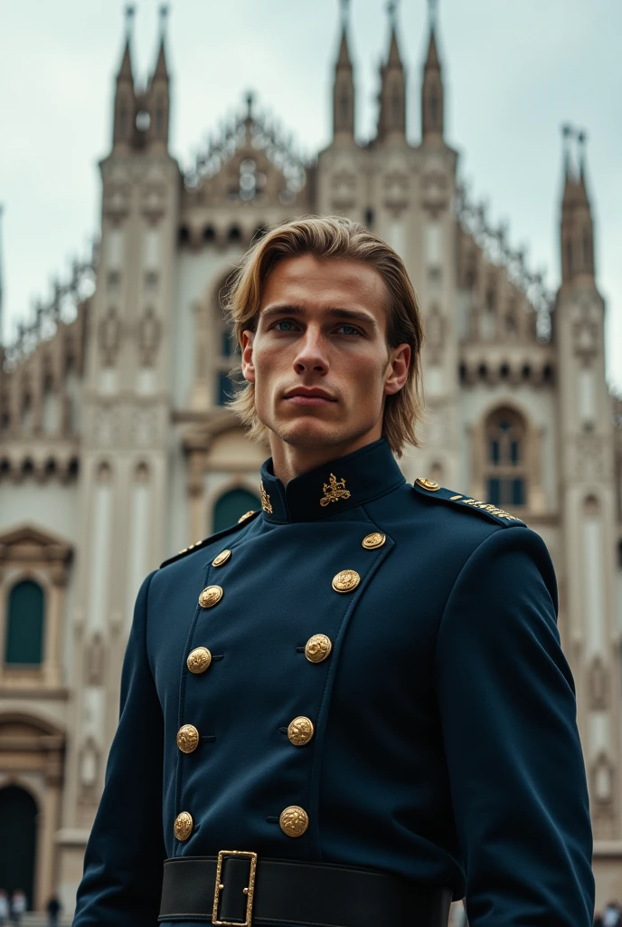 A 26-year-old handsome man, with green eyes like jade pearls and long blond hair, is very tall. Wearing dark blue military uniform, behind him an Italian cathedral