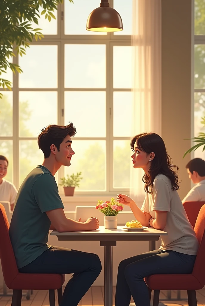 A man and a woman sitting at a restaurant table in the morning chatting
