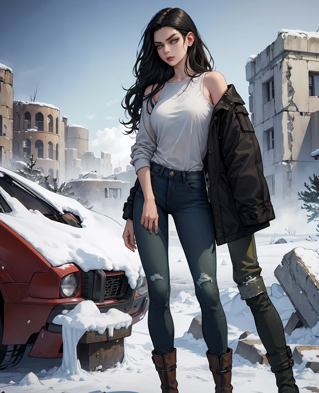 A young woman with shoulder-length wavy black hair, green eyes, thin lips, wearing a long-sleeved shirt, a pair of jeans, and winter boots, standing in a frozen ruins, apocalyptic snow scene, with an arrogant expression