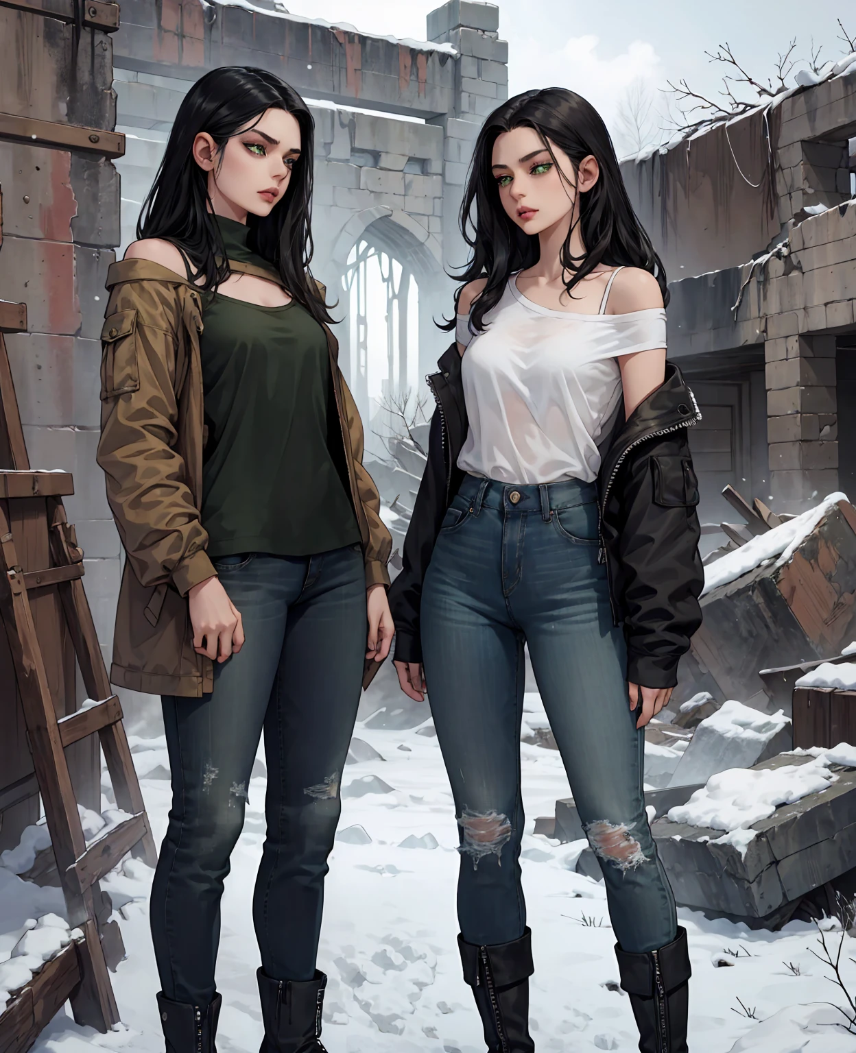 A young woman with shoulder-length wavy black hair, green eyes, thin lips, wearing a long-sleeved shirt, a pair of jeans, and winter boots, standing in a frozen ruins, apocalyptic snow scene, with an arrogant expression