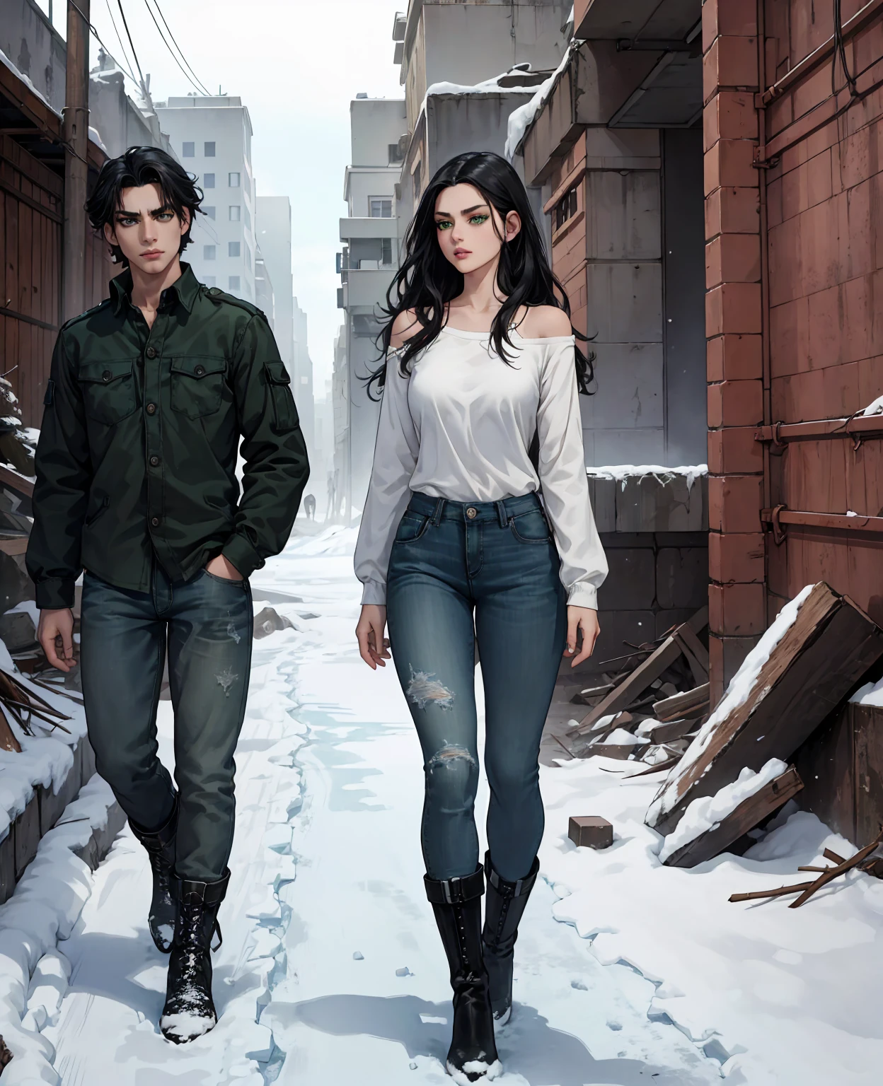 A young woman with shoulder-length wavy black hair, green eyes, thin lips, wearing a long-sleeved shirt, a pair of jeans, and winter boots, standing in a frozen ruins, apocalyptic snow scene, with an arrogant expression