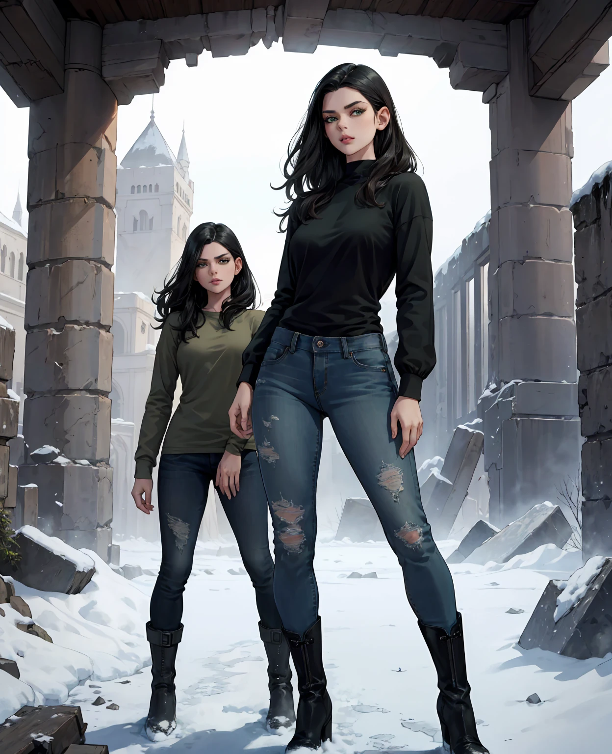 A young woman with shoulder-length wavy black hair, green eyes, thin lips, wearing a long-sleeved shirt, a pair of jeans, and winter boots, standing in a frozen ruins, apocalyptic snow scene, with an arrogant expression