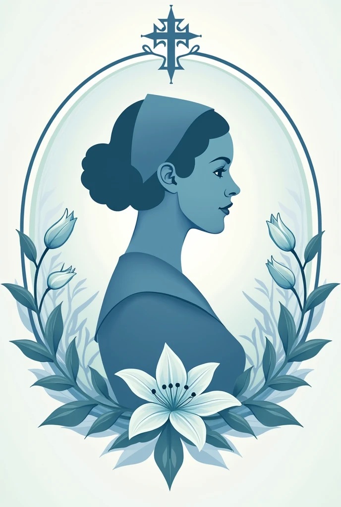 Badge of Saint Florence Nightingale with three points at the top 1. **Nursing lamp**: It represents light and dedication in caring for the sick., symbolizing their role in improving health care.
2. **flores**: Flowers can symbolize life, hope and care.
We could include lilies, which are often associated with purity and rebirth.
3. **Silhouette de Florence Nightingale**:
A silhouette or profile of her to represent her iconic figure in nursing.
4. **Star or cross**: To symbolize medical care and commitment to health.
5. **colors**: Soft tones like light blue  (representing calm and confidence) and the white (which symbolizes purity and attention).