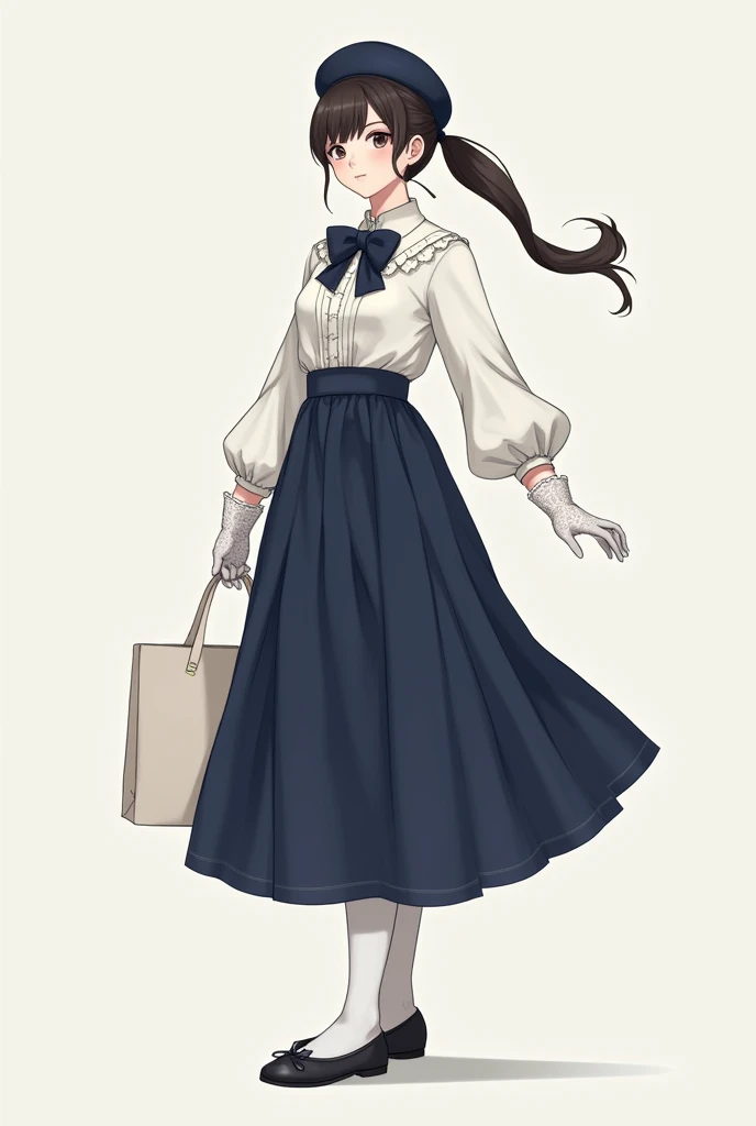 dressed in a long vintage midi skirt, navy blue high waist, white blouse with bow on the collar, long sleeves with balloon cuffs, with a navy blue beret on her head and her hair tied in a ponytail and black ballet flats with a strap on her foot, white tights and white lace gloves on the hands