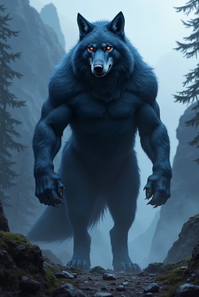 Make an alpha wolf with navy blue fur and red eyes