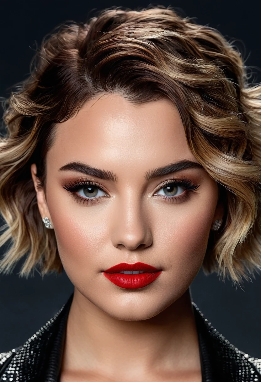 A waist-up portrait of a beautiful female whose face combines features of Demi Lovato + Camren Bicondova. The female has lovely makeup on her face. The female wears red lipstick. Symmetrical eyes. Symmetrical face. Lovely details. Photorealistic. Full-colored photo. Professional photo. Highly detailed 8K.